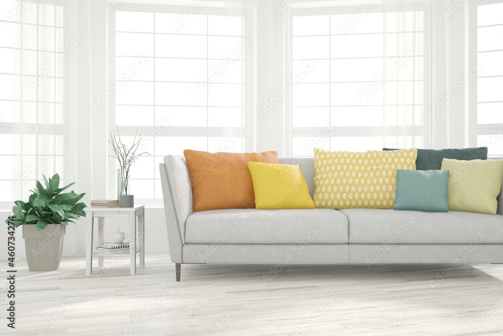 White living room with sofa. Scandinavian interior design. 3D illustration White living room with sofa. Scandinavian interior design. 3D illustration