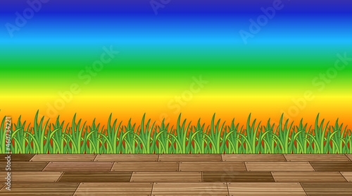 Grass and wood floor on rainbow gradient background
