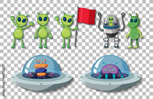 Aliens and UFO cartoon objects on transparent background
