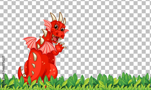 Dragon cartoon character on green grass on transparent background