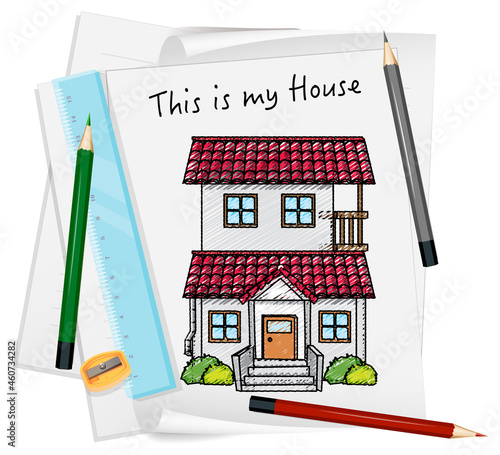 Sketch little house on paper isolated