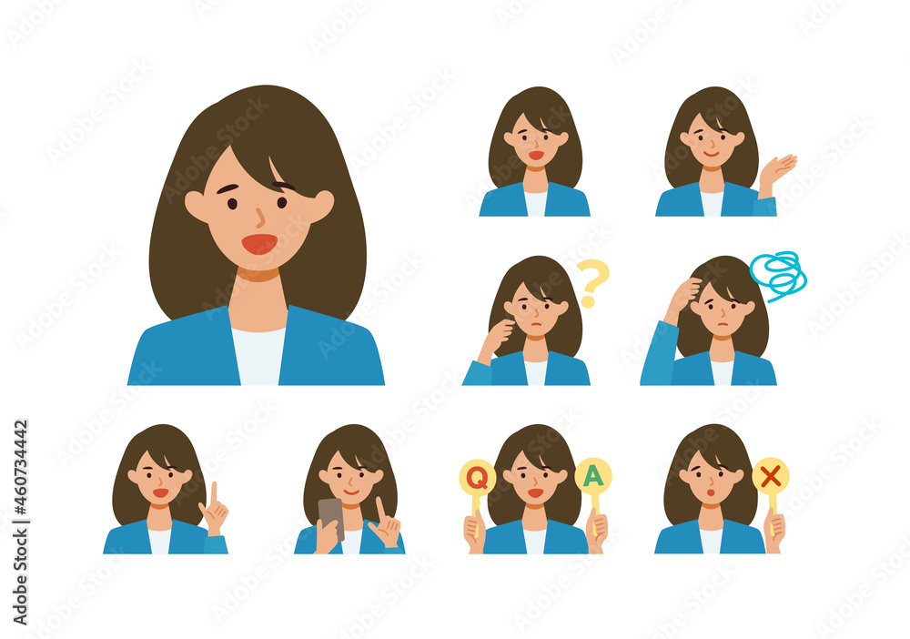 BusinessWoman cartoon character head collection set. People face profiles avatars and icons. Close up image of smiling Woman. BusinessWoman cartoon character head collection set. People face profiles avatars and icons. Close up image of smiling Woman.