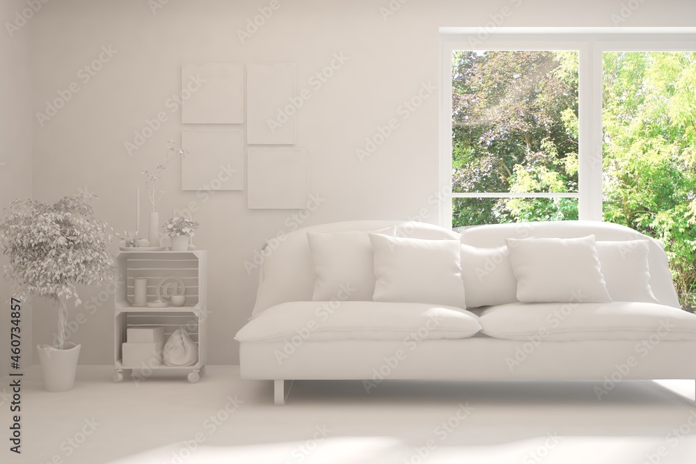 Fototapeta premium Mock up of stylish room in white color with sofa and green landscape in window. Scandinavian interior design. 3D illustration