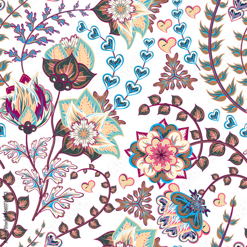 Hand drawn flower seamless pattern. Colorful seamless pattern with floral pattern in eastern style. Vector for textile. Pink blue on a white background.