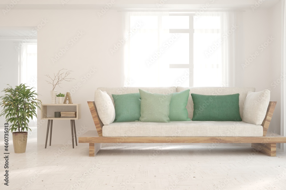 Fototapeta premium White living room with sofa. Scandinavian interior design. 3D illustration