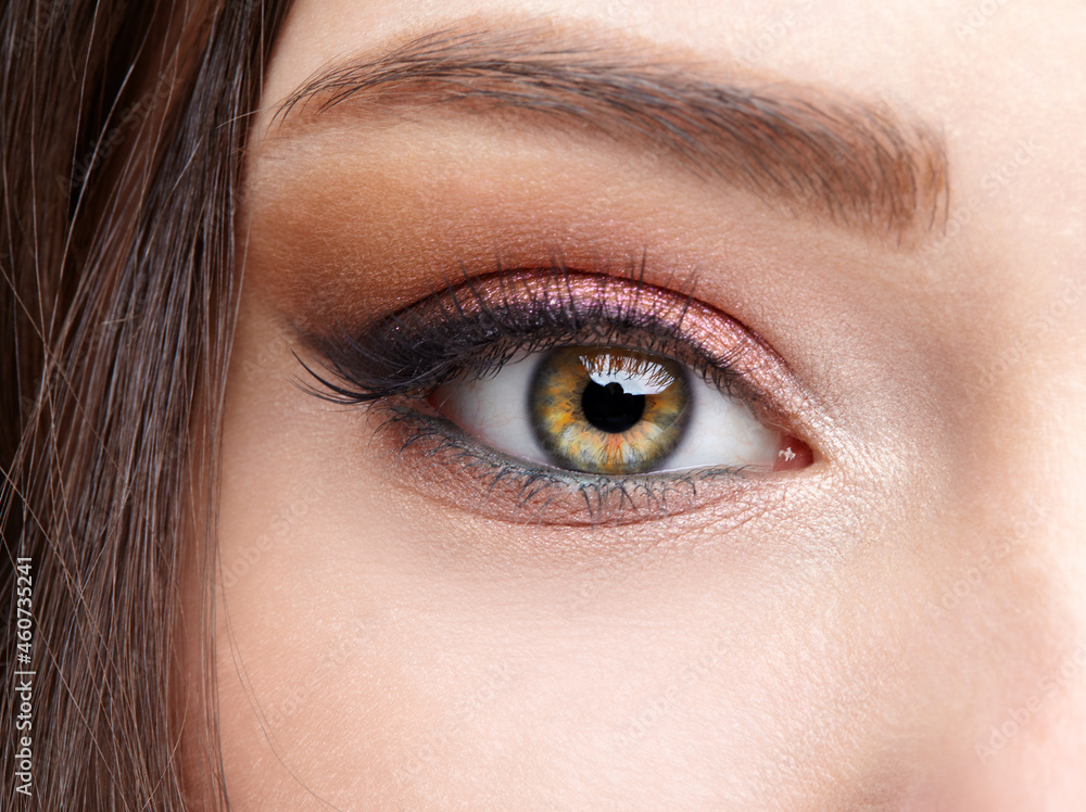 Closeup macro shot of human female eye with pink eyes shadows Closeup macro shot of human female eye with pink eyes shadows