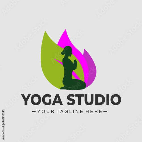 yoga studio logo with illustration of a woman sitting on a purple and green leaf background. yoga lotus pose