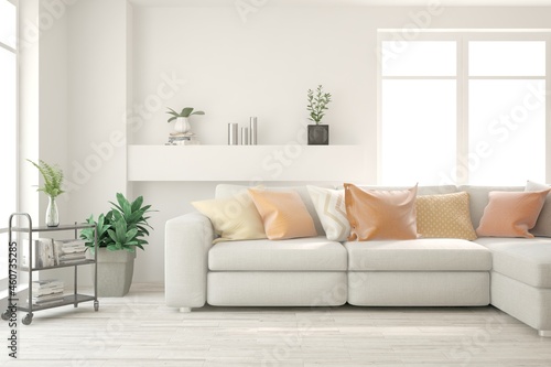 White living room with sofa. Scandinavian interior design. 3D illustration