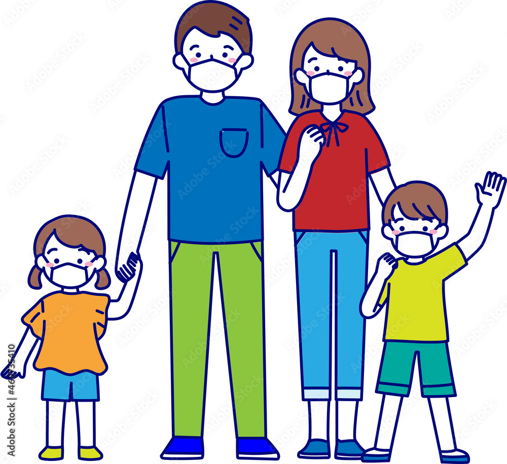Family wearing a mask and smiling Family wearing a mask and smiling