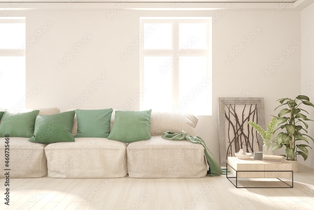Fototapeta premium White living room with sofa. Scandinavian interior design. 3D illustration