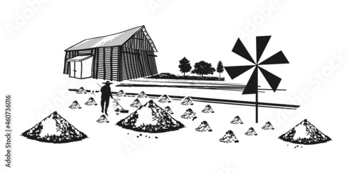 vector salt field and salt storage black white background