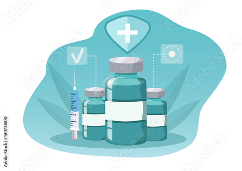vector hand drawn illustration - coronavirus (sars - covid -19) antiviral vaccine. vials and syringe with vaccine. trend illustration in flat style