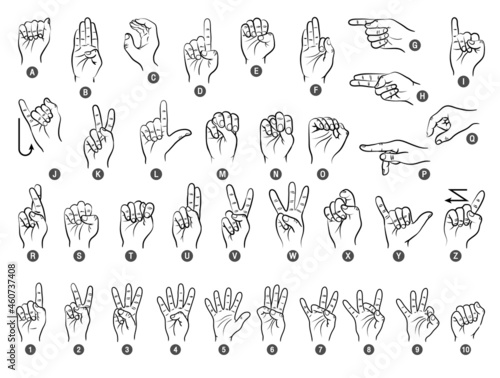 Hand sign language and number alphabet collection - vector line illustration