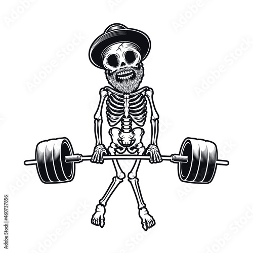 Deadlift skull, Illustration of human skull, skeleton with weightlifting. Design element for logo, poster, card, banner, emblem, t shirt. Vector illustration
