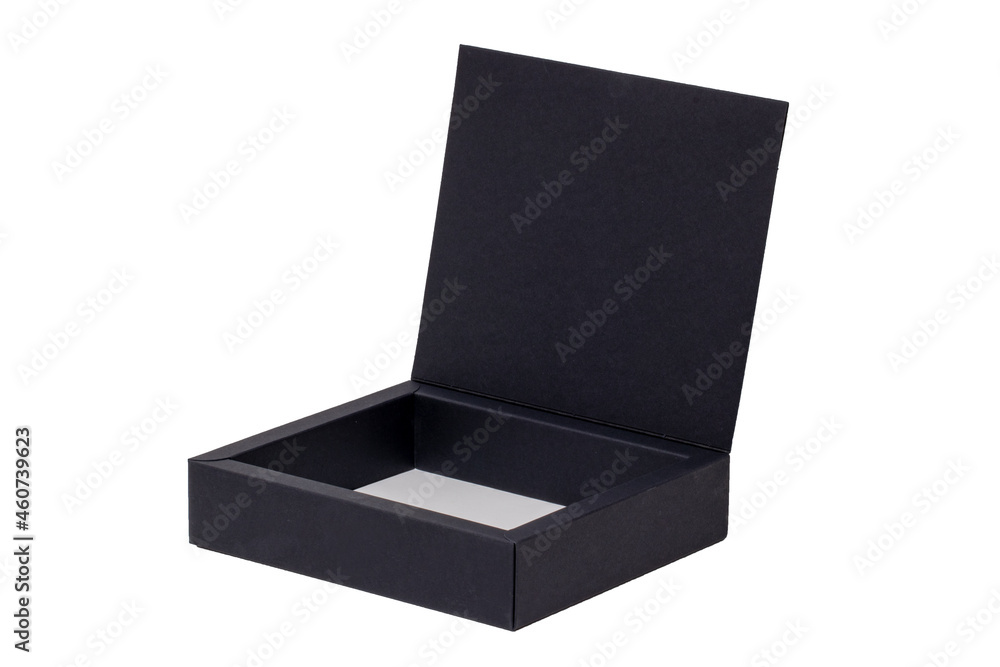 Open black cardboard box or box with magnetic closure isolated on white background. Macro photograph. Open black cardboard box or box with magnetic closure isolated on white background. Macro photograph.