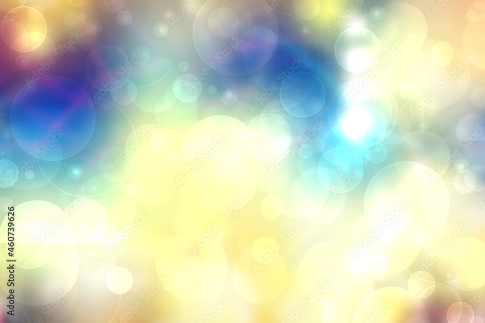 Abstract blurred fresh vivid spring summer light delicate blue yellow white bokeh background texture with bright circular soft color lights. Beautiful backdrop illustration. Space.