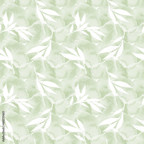 Floral background with white leaves watercolour in hand drawn style. White leaves seamless pattern on Texture Watercolour. Foliage background for paper, textile, wrapping and wallpaper.