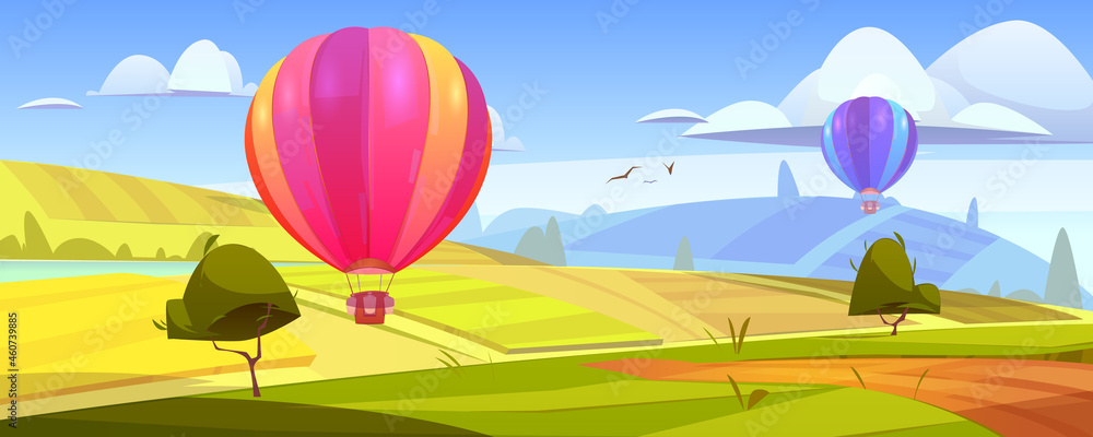 Summer landscape with flying hot air balloons, green fields, river and road. Vector cartoon illustration of countryside with colorful airships with baskets fly over meadows and grassland on hills - obrazy, fototapety, plakaty 