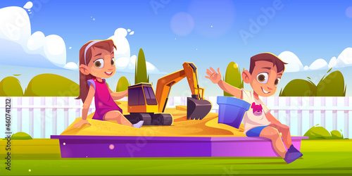 Children playing in sand box, little boy and girl sitting in sandbox with toys playing with excavator and plastic bucket. Kids outdoor fun, summer recreation at house yard, Cartoon vector illustration