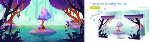 Parallax background for fantasy game, huge mushroom in forest pond or swamp 2d landscape. Alien or magic nature, fairy beautiful fungus, cartoon scenery view with separated layers, Vector illustration