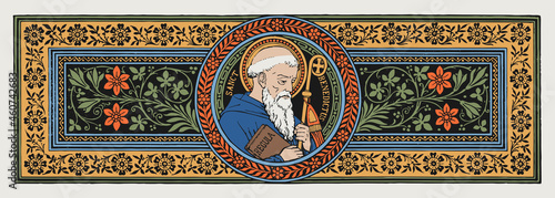 St. Benedict of Nursia, Catholic engraving vector. Catholic monk. Catholic Saint. Father of Western monasticism. Patron saint of Europe. Lived from 480 - 547 A.D photo