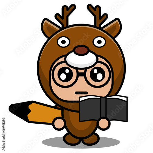 cartoon vector illustration of cute deer animal mascot costume character holding book and pencil