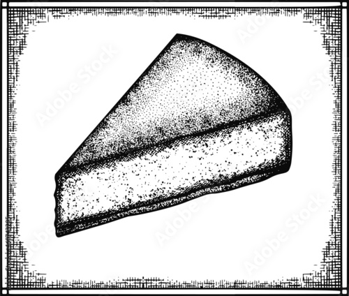 Cheesecake sketch and etching vector illustration. Homemade bakery engraving for menu, invitation or poster. Handdrawn design element.