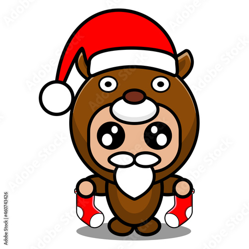 cartoon vector illustration of cute deer animal mascot costume character wearing christmas hat and holding socks