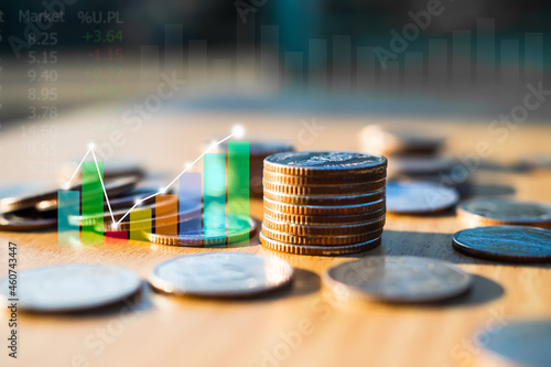 Stack coin with  graph candlestick chart trade forex growth data stock market digital signal Trend Line Indicator ouble exposure background.  plan investment currency finance business photo