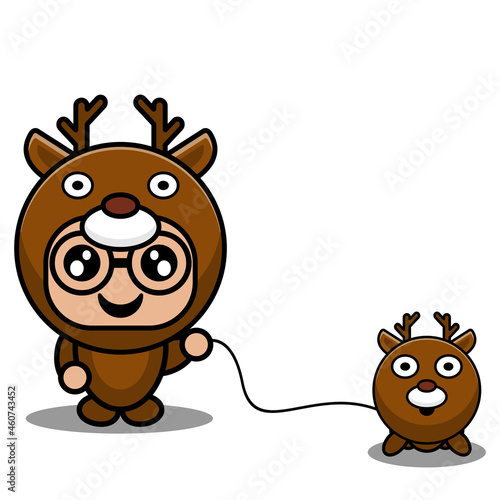 cartoon vector illustration of cute deer animal mascot costume character holding little deer pet