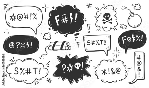 Swear word speech bubble set. Curse, rude, swear word for angry, bad, negative expression. Hand drawn doodle sketch style. Vector illustration.