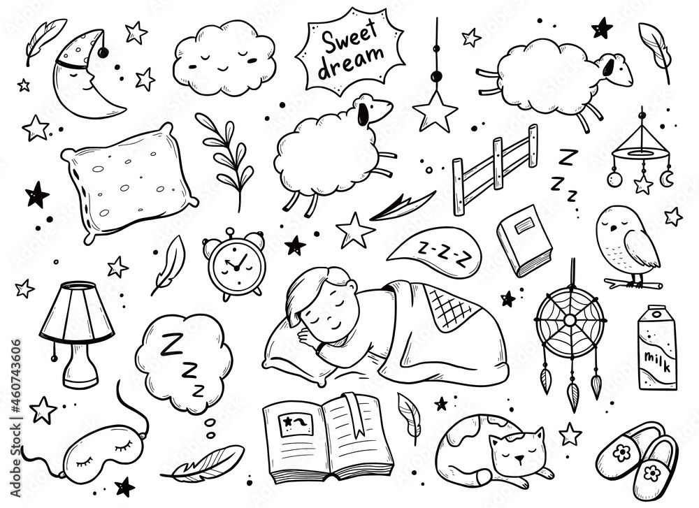 Sleep, relax time, dream night doodle set on white background. Concept