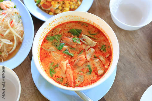 Tom Yum Goong is Thai famous soup with Chili pepper, shrimp, mushroom, lemon grass, lemonand galangal. Thailand Food