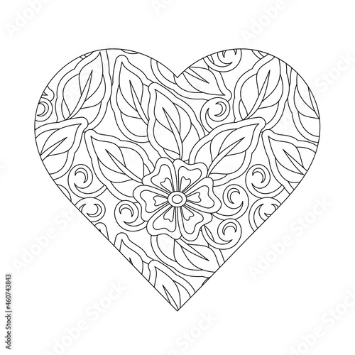 Coloring book for adult and older children, Decorative Love Heart. Hand-drawn floral Vector illustration