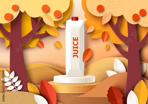 Juice package mockup on display podium, paper cut autumn background. Natural healthy food product ad template, vector.