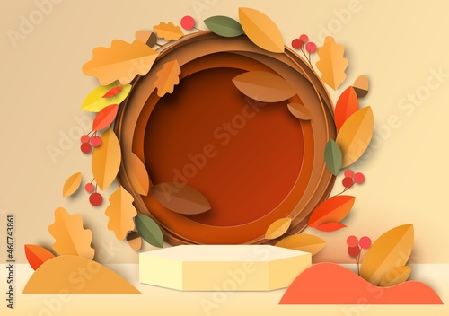 White display podium mockup, paper cut fall red, yellow leaves wreath. Autumn floral background for product ads, vector.
