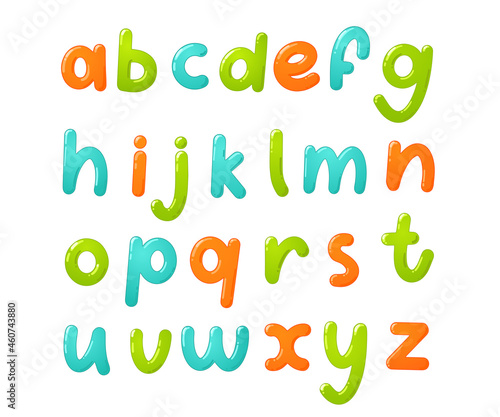 Colorful children font. Glossy kids alphabet in cartoon style. Vector typography for school, preschool and kindergarten design.