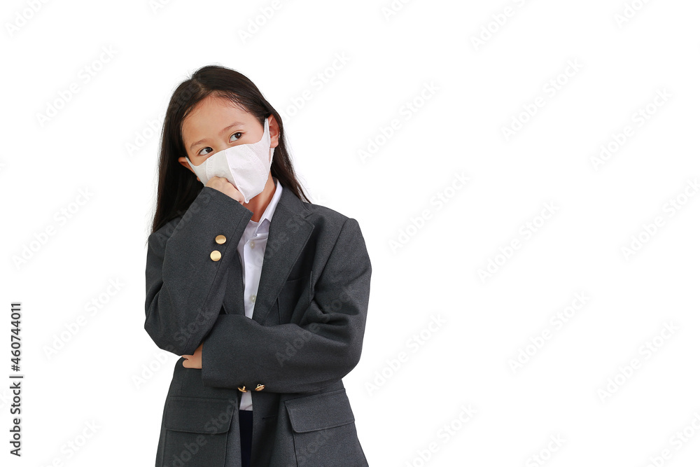 Asian young girl wear formalwear shirt, student suit and protective face mask wearing and keep arms crossed and thinking posing with looking up isolated over white background Asian young girl wear formalwear shirt, student suit and protective face mask wearing and keep arms crossed and thinking posing with looking up isolated over white background