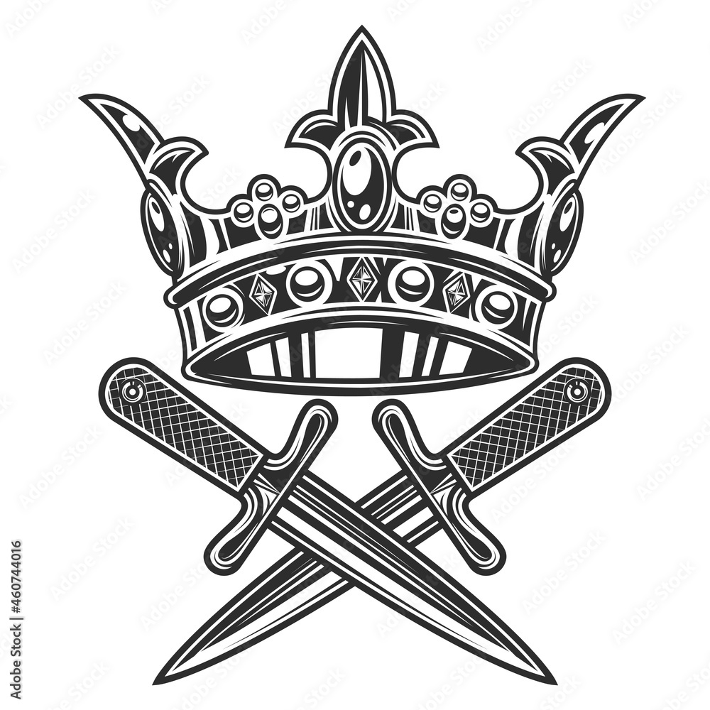 Gangster king crown with crossed knife in vintage monochrome style