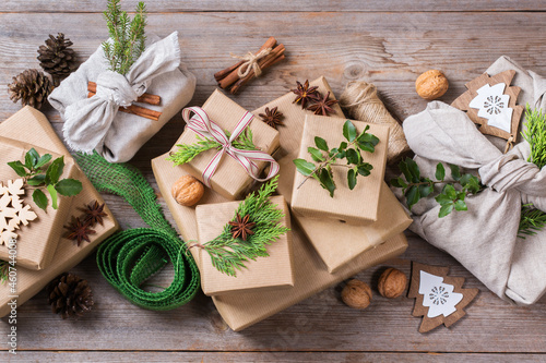 Zero waste Christmas concept, handmade gift boxes, furoshiki style photo