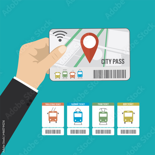 Passenger hand holds city pass or transport card. Contactless payment of public transport fares. Tickets template for travel on subway, trolleybus, tram and bus. Public transport pass.
