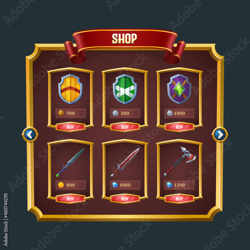 Game shop with medieval weapons and shields for viking, knight or warrior. Vector cartoon design interface element with swords and axes, golden frame, red ribbon and buttons
