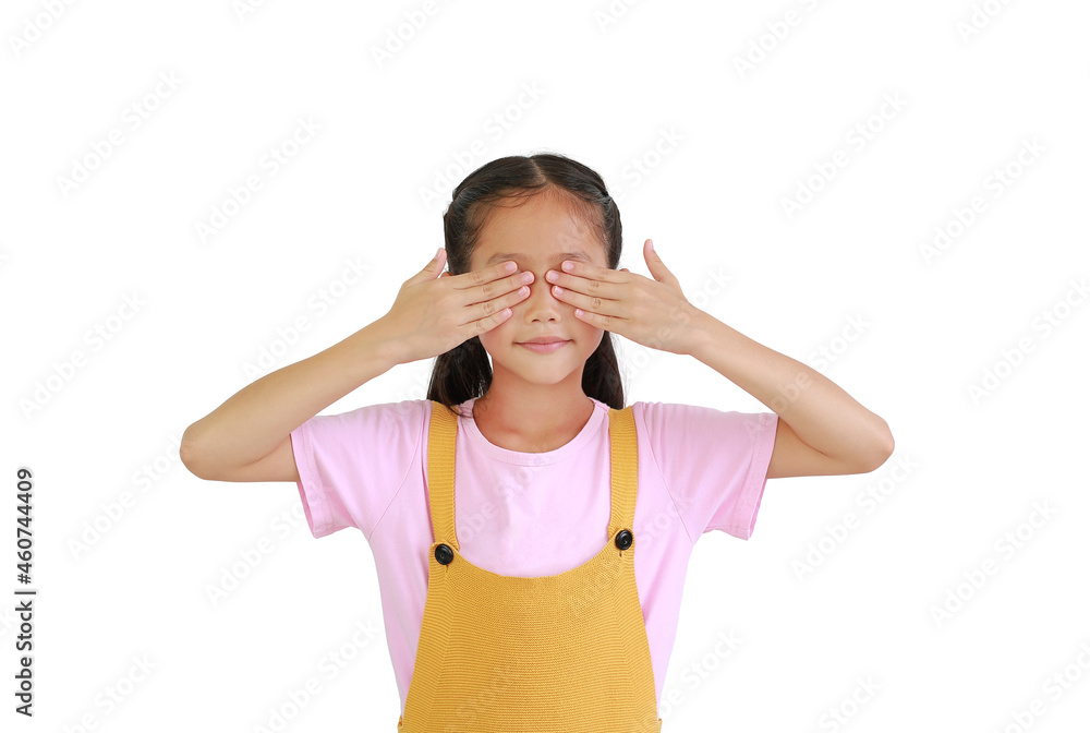 Asian little girl kid covering eyes with hands isolated on white background Asian little girl kid covering eyes with hands isolated on white background
