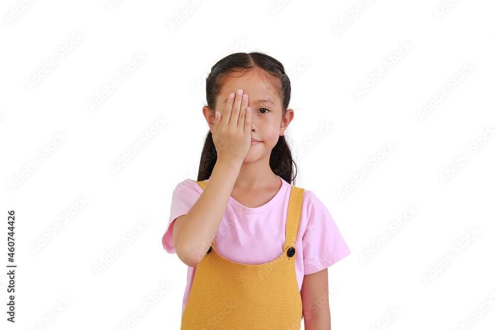 Portrait of Asian little girl child covering one eye with hand, confident smile on face isolated on white background. Portrait of Asian little girl child covering one eye with hand, confident smile on face isolated on white background.