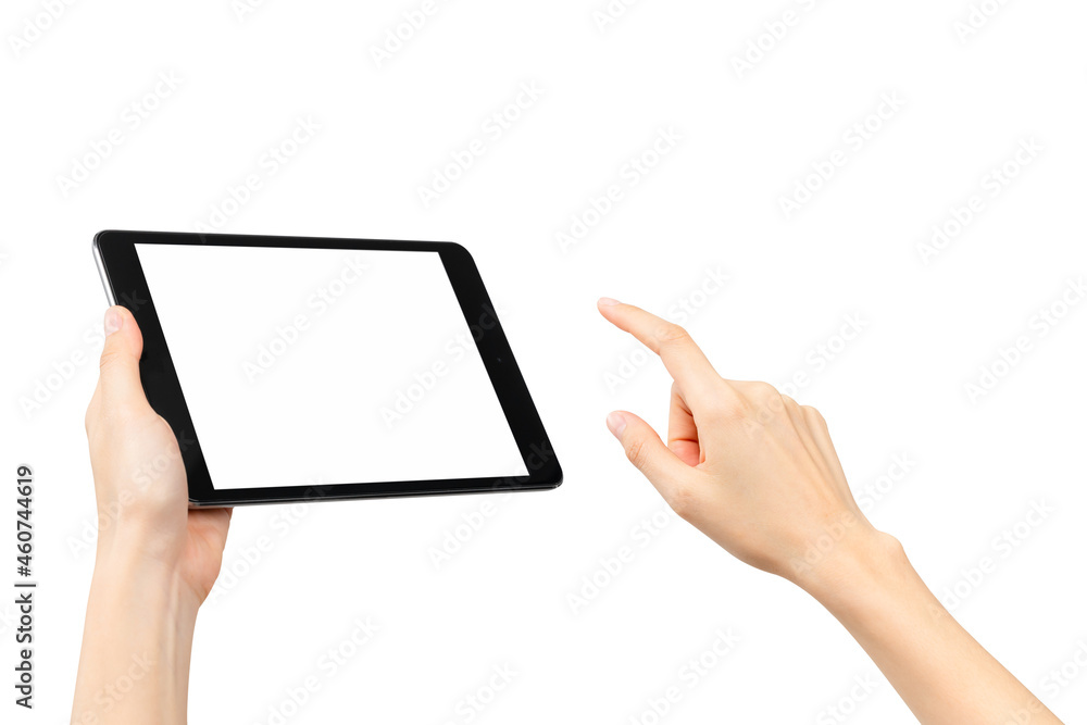 Close-up of hand holding black tablet isolated on white background with clipping path. Close-up of hand holding black tablet isolated on white background with clipping path.