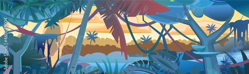 Rainforest Plants. Morning sunrise dawn or evening sunset. Dense thickets. View from the forest. Southern Rural Scenery. Illustration in cartoon style flat design. Vector