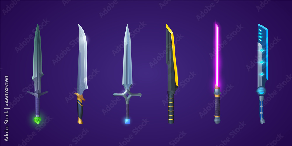 Medieval swords and futuristic laser weapons for game interface. Vector cartoon set of fantasy metal longswords and cosmic blades with neon light isolated on background