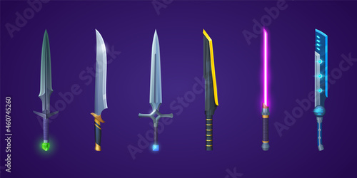 Medieval swords and futuristic laser weapons for game interface. Vector cartoon set of fantasy metal longswords and cosmic blades with neon light isolated on background