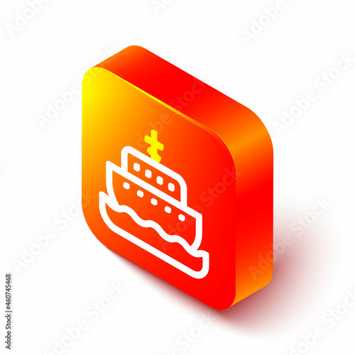 Isometric line Ark of noah icon isolated on white background. Wood big high cargo. Orange square button. Vector