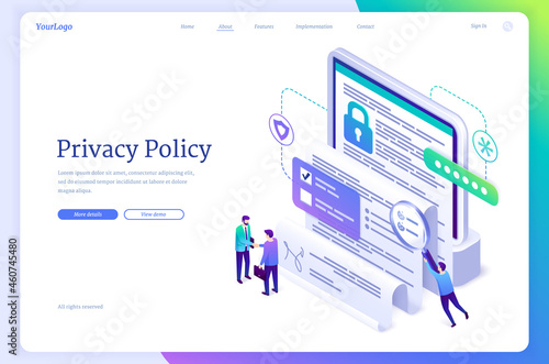 Privacy policy isometric landing page, data protection, digital security, personal confidential information online safety. Buisness people handshake at device screen with document 3d vector web banner